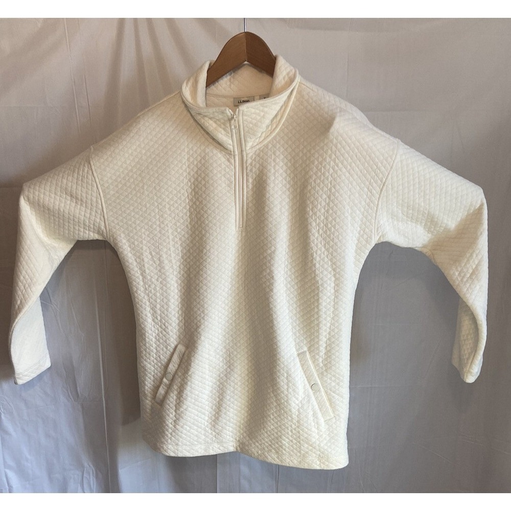 LL Bean Quilted Quarter Zip Pullover Cream Off White Diamond Quilt Womens Medium